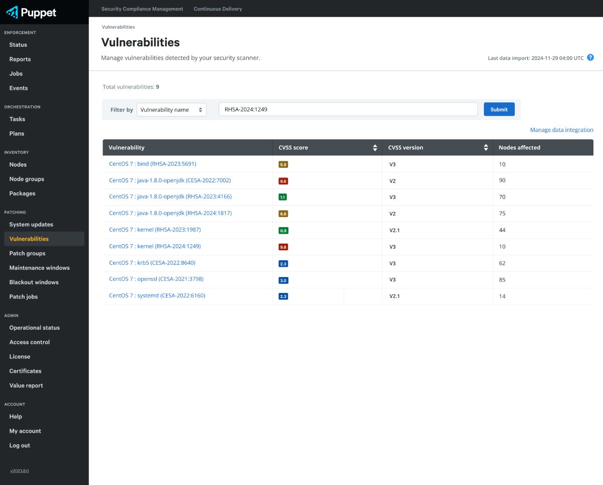 A screenshot of the Vulnerabilities dashboard in the Puppet Enterprise console. A list of vulnerabilities with CVSS scores attached are visible.